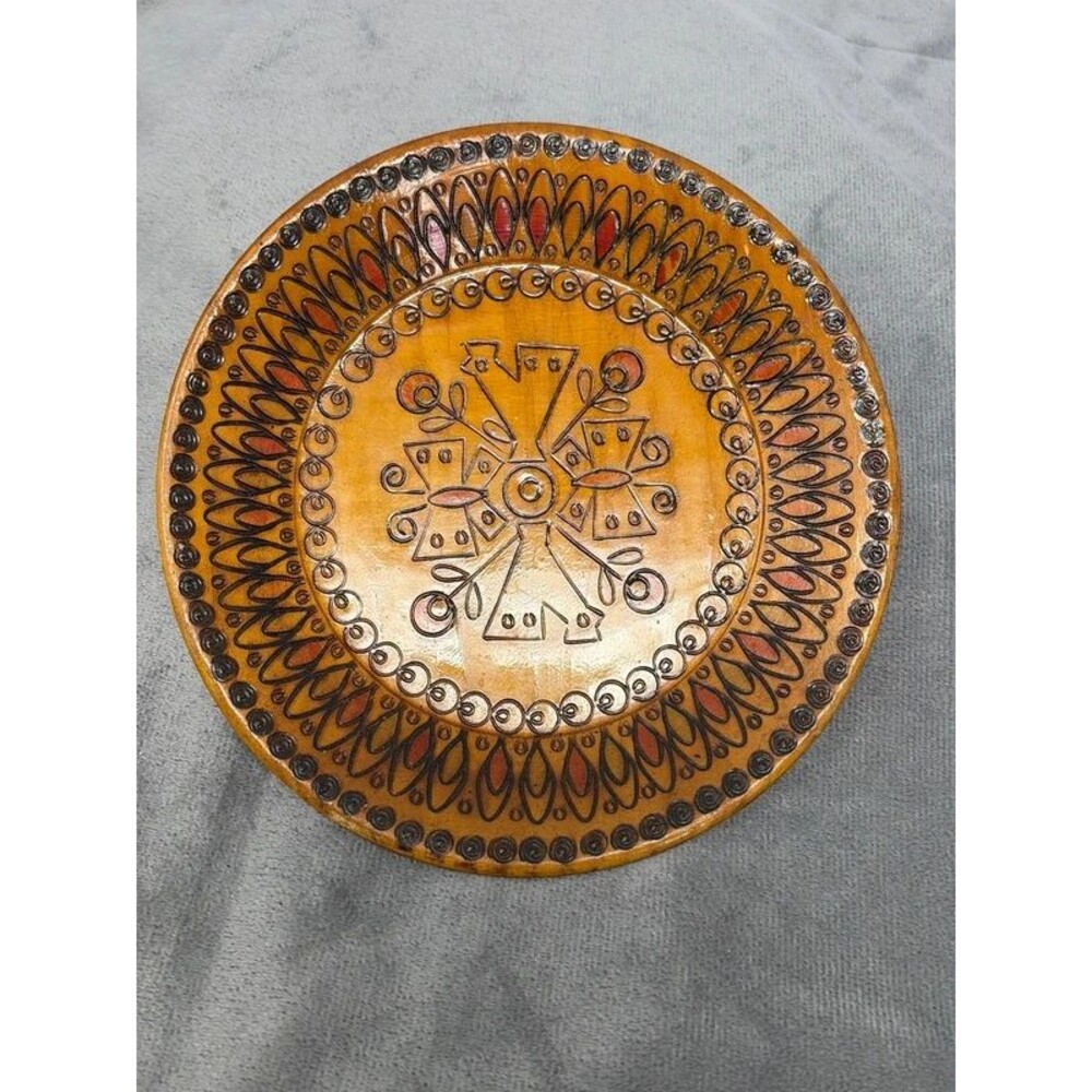Vintage Polish Folk Art Pyrography Wooden Plate Hand Carved Wood Wall Decor